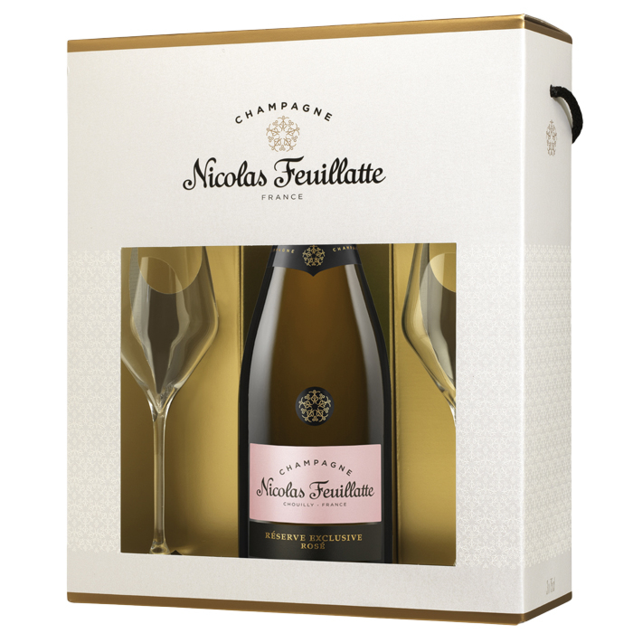 Подаръчна кутия Шампанско Nicolas Feuillatte Réserve Exclusive Rose с 2бр. чаши от Nicolas Feuillatte - Вино за подарък, Шампанско